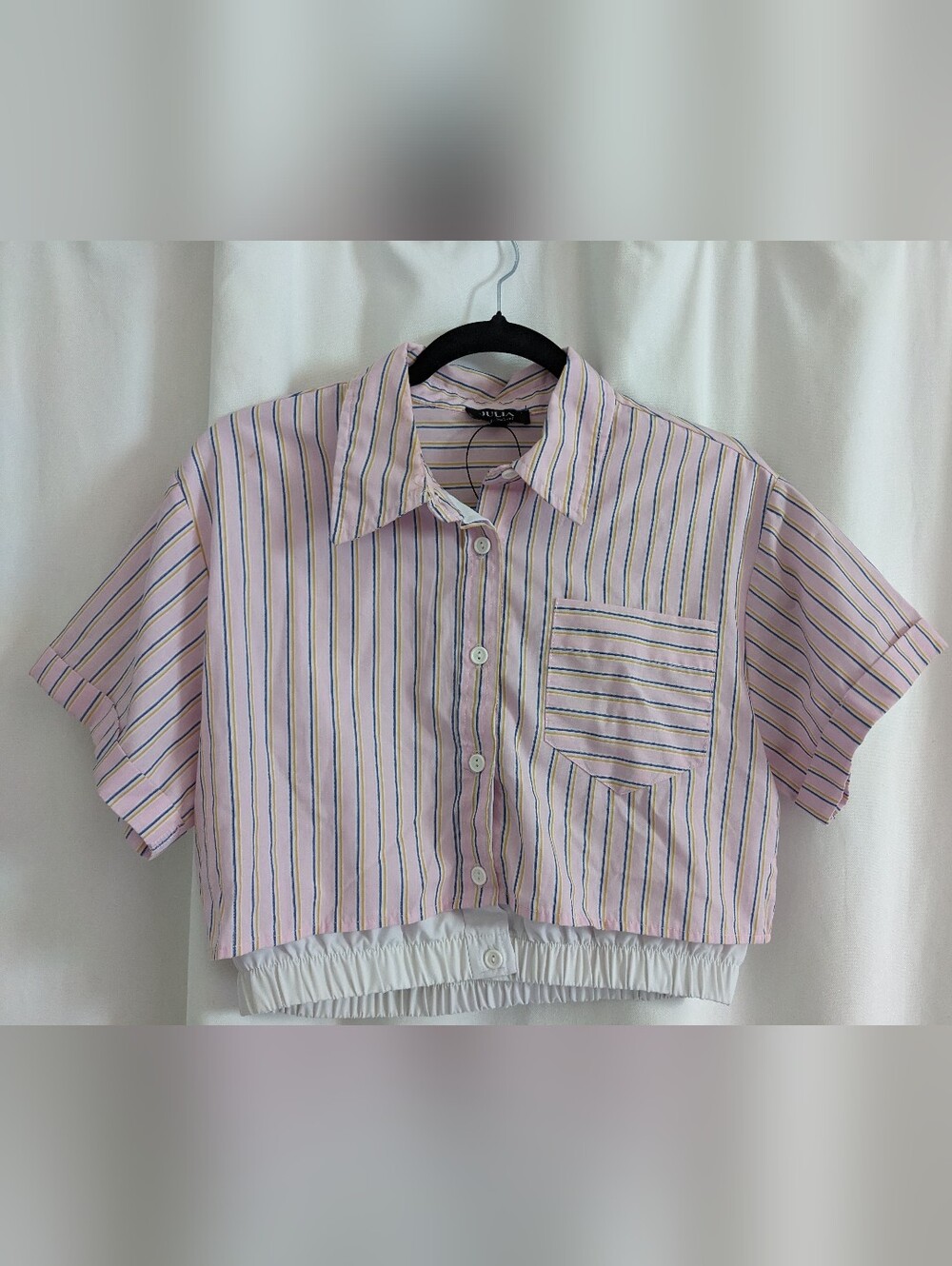 Julia Cropped Top M Pink Blue White Button Down Short Sleeve Boxy Shirt